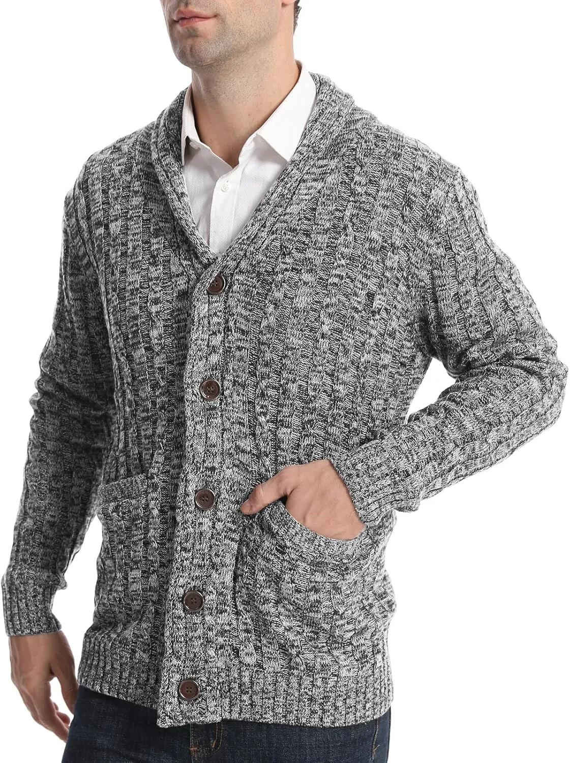 Suwangi Men's Cardigan Sweater Cable Knitted Shawl Collar Cardigans for Men V Neck Long-Sleeve Button-Down Slim Fit Sweater