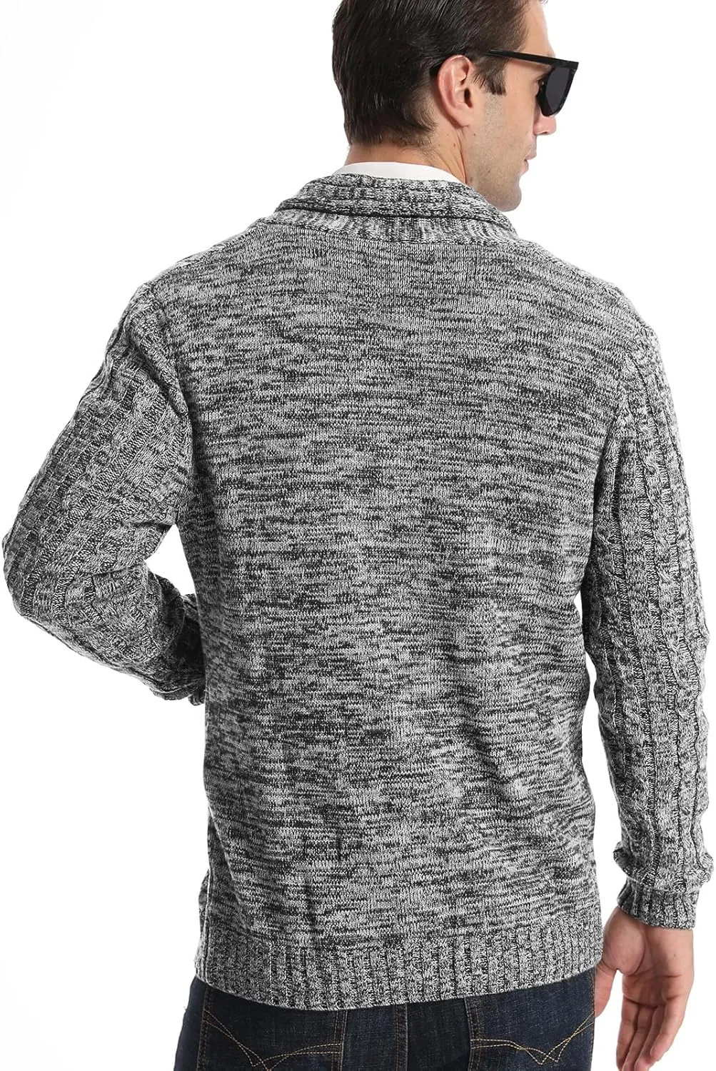 Suwangi Men's Cardigan Sweater Cable Knitted Shawl Collar Cardigans for Men V Neck Long-Sleeve Button-Down Slim Fit Sweater