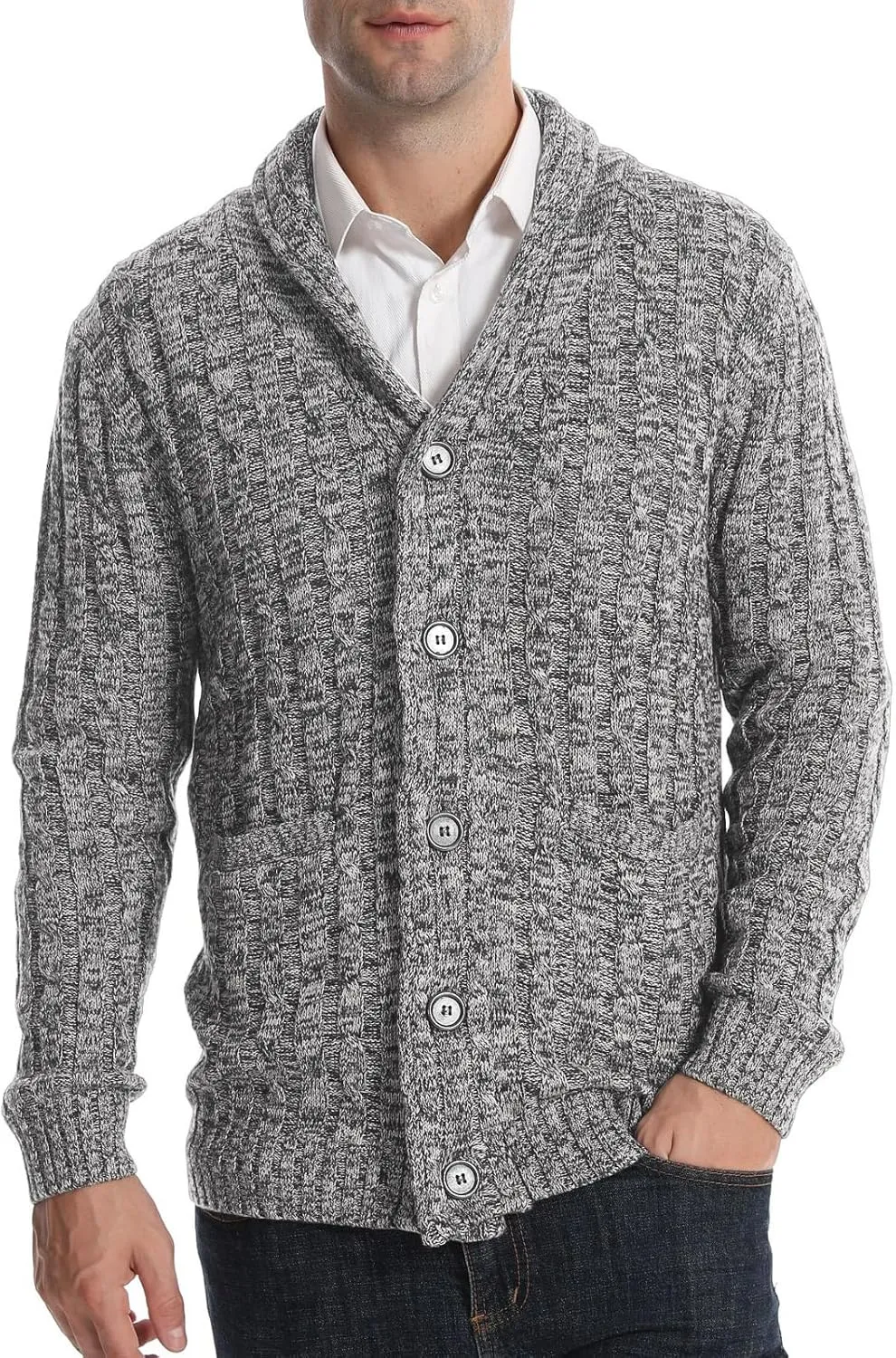 Suwangi Men's Cardigan Sweater Cable Knitted Shawl Collar Cardigans for Men V Neck Long-Sleeve Button-Down Slim Fit Sweater
