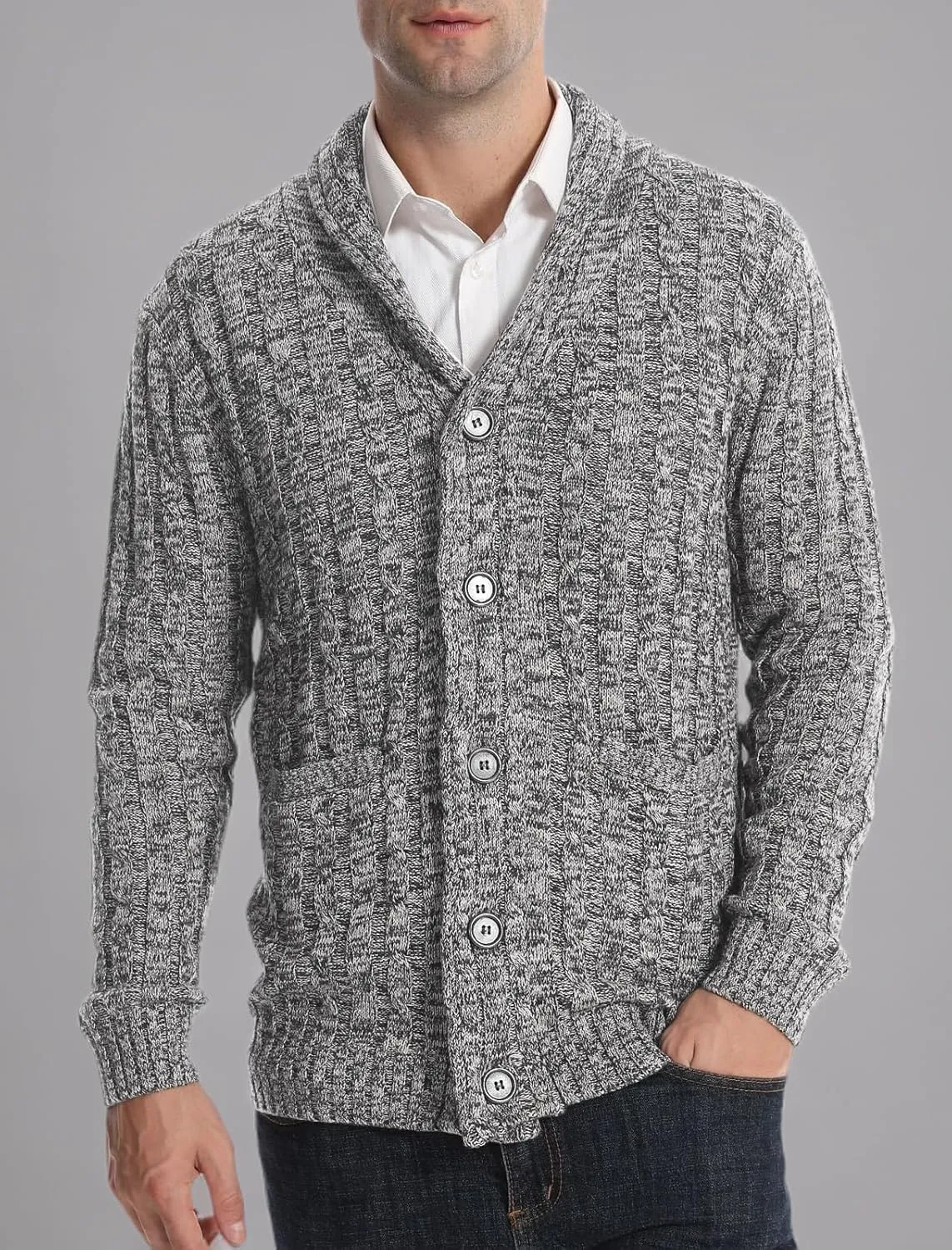 Suwangi Men's Cardigan Sweater Cable Knitted Shawl Collar Cardigans for Men V Neck Long-Sleeve Button-Down Slim Fit Sweater