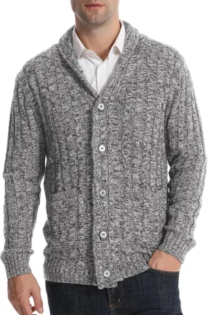 Suwangi Men's Cardigan Sweater Cable Knitted Shawl Collar Cardigans for Men V Neck Long-Sleeve Button-Down Slim Fit Sweater