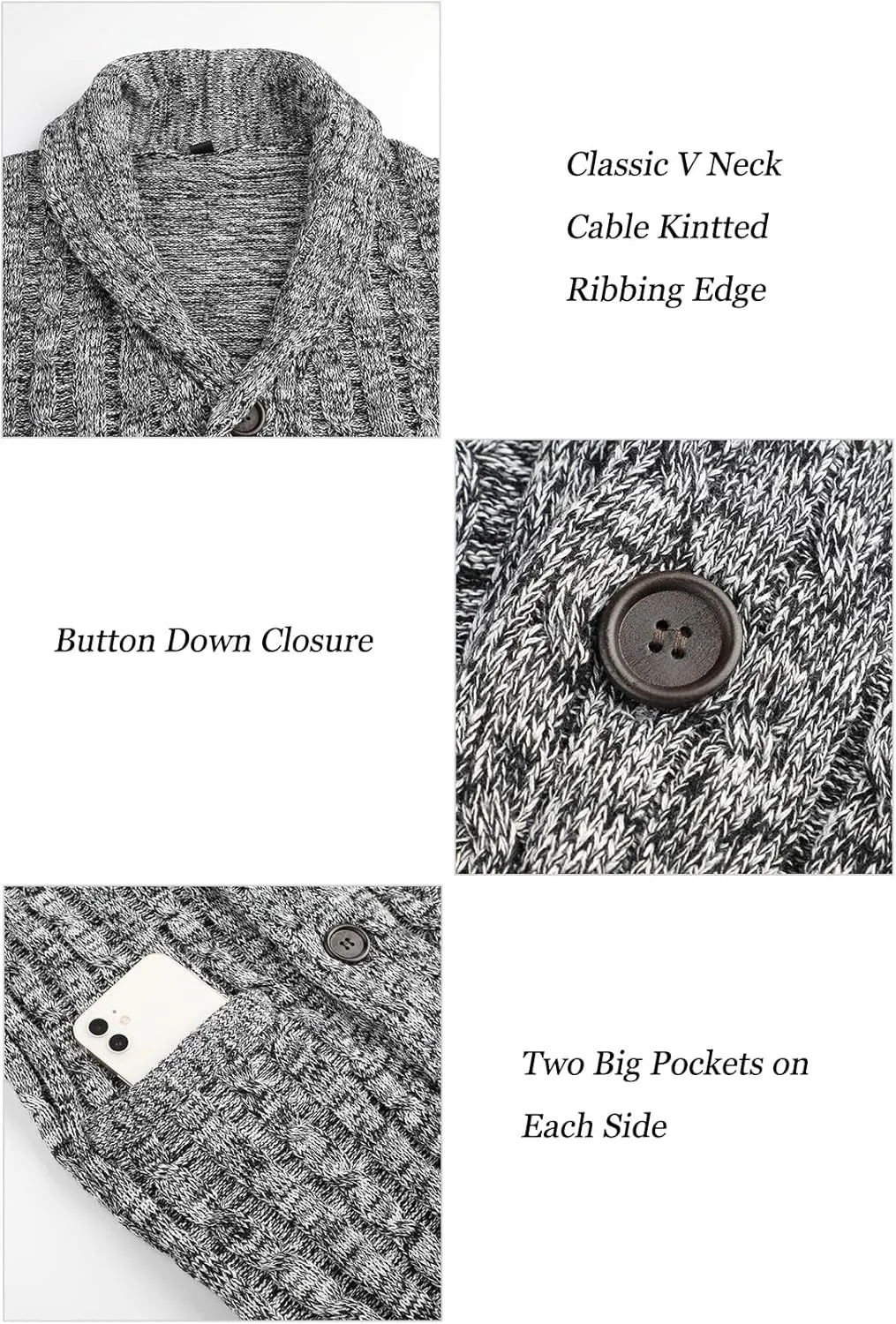 Suwangi Men's Cardigan Sweater Cable Knitted Shawl Collar Cardigans for Men V Neck Long-Sleeve Button-Down Slim Fit Sweater