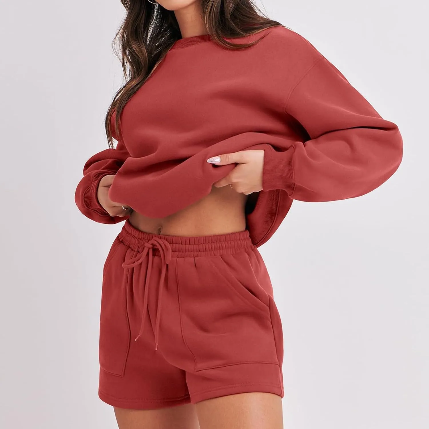 Sweat Sets For Women 2 Piece Outfits Casual Long Sleeve Oversized Sweatshirt With Shorts Matching Lounge Set Sweatsuit