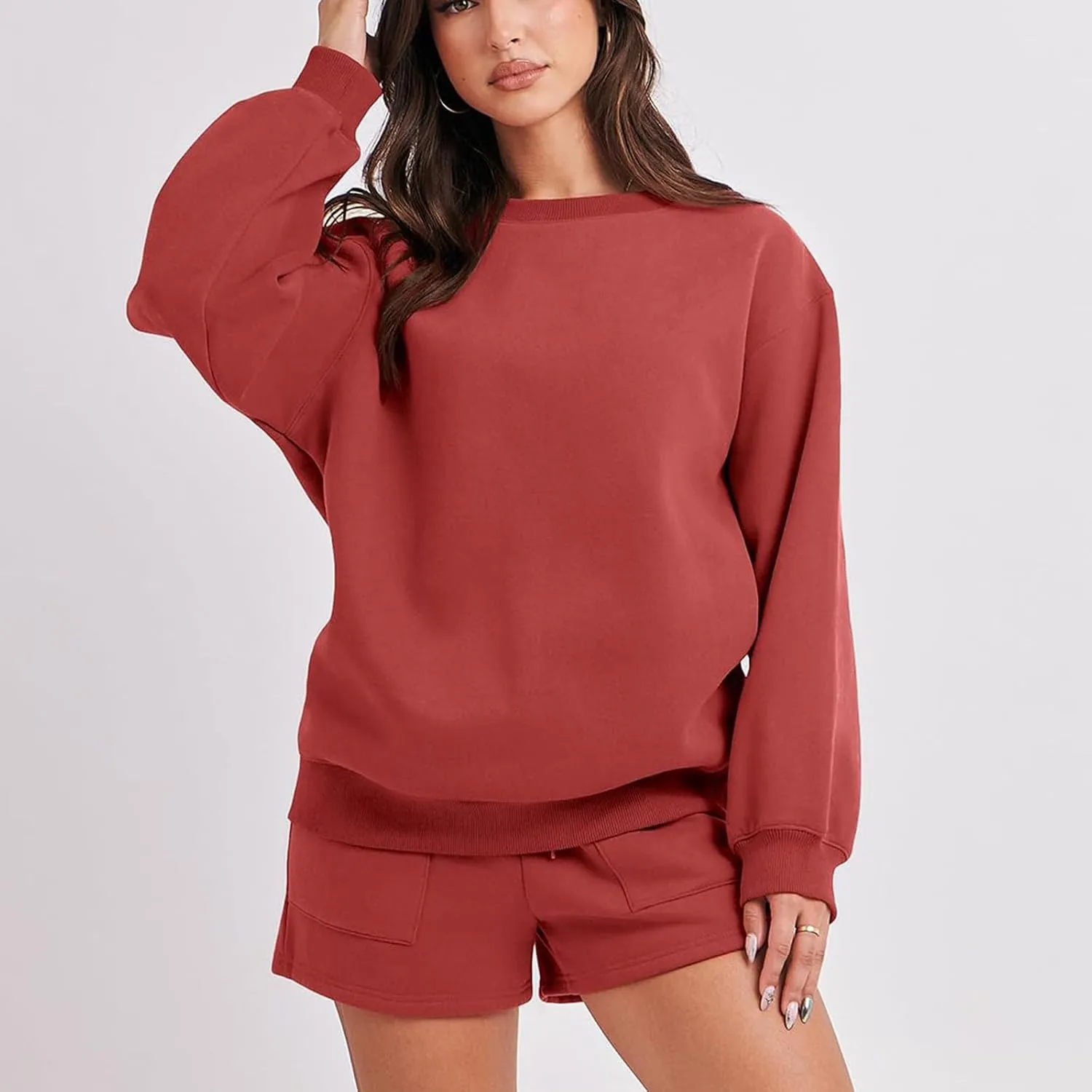 Sweat Sets For Women 2 Piece Outfits Casual Long Sleeve Oversized Sweatshirt With Shorts Matching Lounge Set Sweatsuit