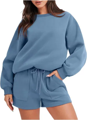 Sweat Sets For Women 2 Piece Outfits Casual Long Sleeve Oversized Sweatshirt With Shorts Matching Lounge Set Sweatsuit
