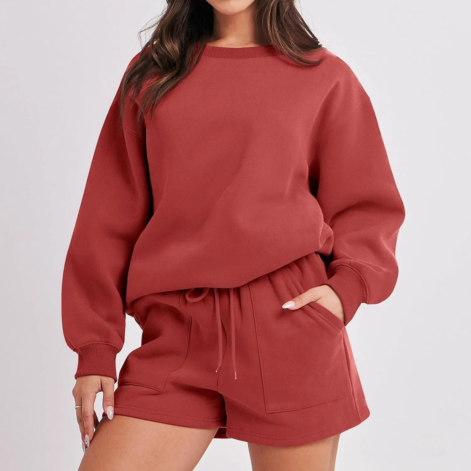 Sweat Sets For Women 2 Piece Outfits Casual Long Sleeve Oversized Sweatshirt With Shorts Matching Lounge Set Sweatsuit