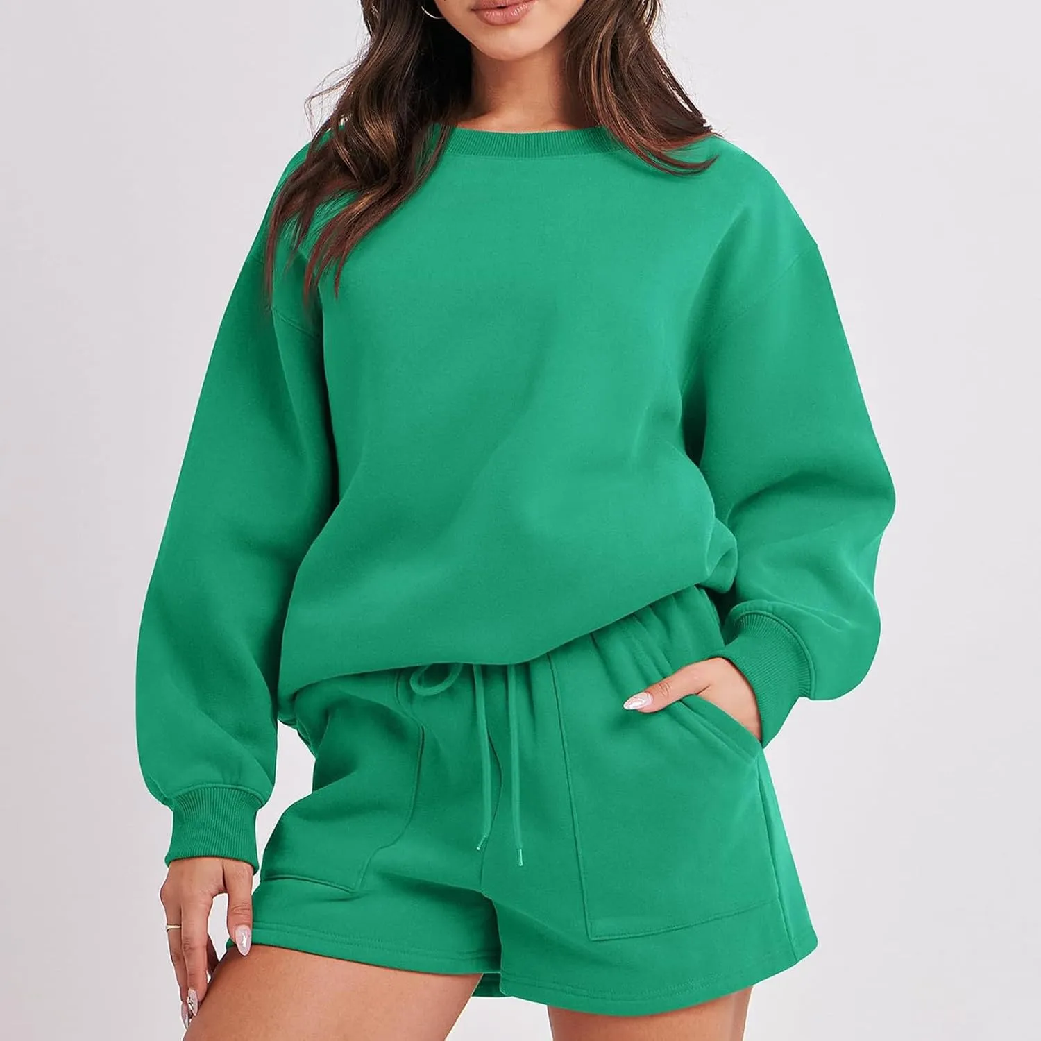 Sweat Sets For Women 2 Piece Outfits Casual Long Sleeve Oversized Sweatshirt With Shorts Matching Lounge Set Sweatsuit