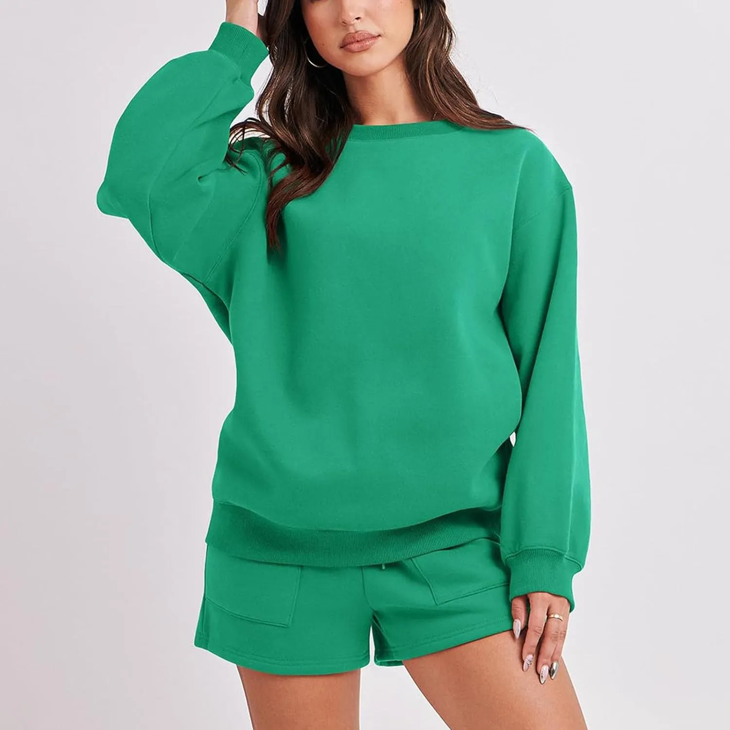 Sweat Sets For Women 2 Piece Outfits Casual Long Sleeve Oversized Sweatshirt With Shorts Matching Lounge Set Sweatsuit