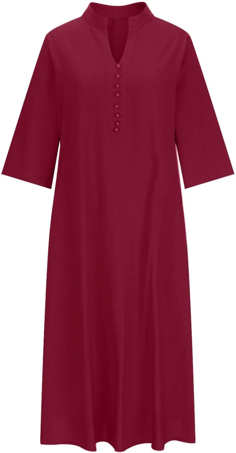 T Shirt Dresses for Women 2025 Summer V Neck Cotton Linen Dress Beach Half Sleeve Sundress Boho Maxi Dress