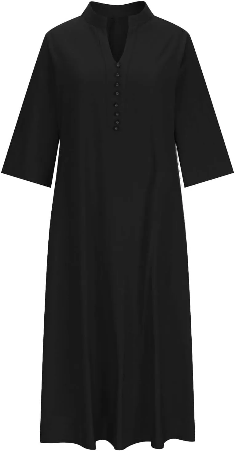 T Shirt Dresses for Women 2025 Summer V Neck Cotton Linen Dress Beach Half Sleeve Sundress Boho Maxi Dress