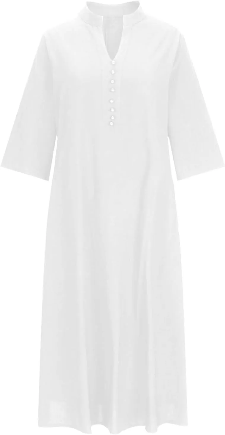 T Shirt Dresses for Women 2025 Summer V Neck Cotton Linen Dress Beach Half Sleeve Sundress Boho Maxi Dress