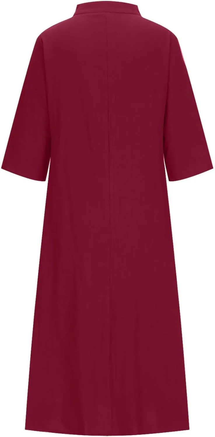 T Shirt Dresses for Women 2025 Summer V Neck Cotton Linen Dress Beach Half Sleeve Sundress Boho Maxi Dress