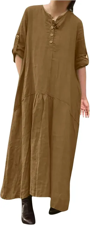 T Shirt Dresses for Women 2025 Summer V Neck Cotton Linen Dress Beach Half Sleeve Sundress Boho Maxi Dress