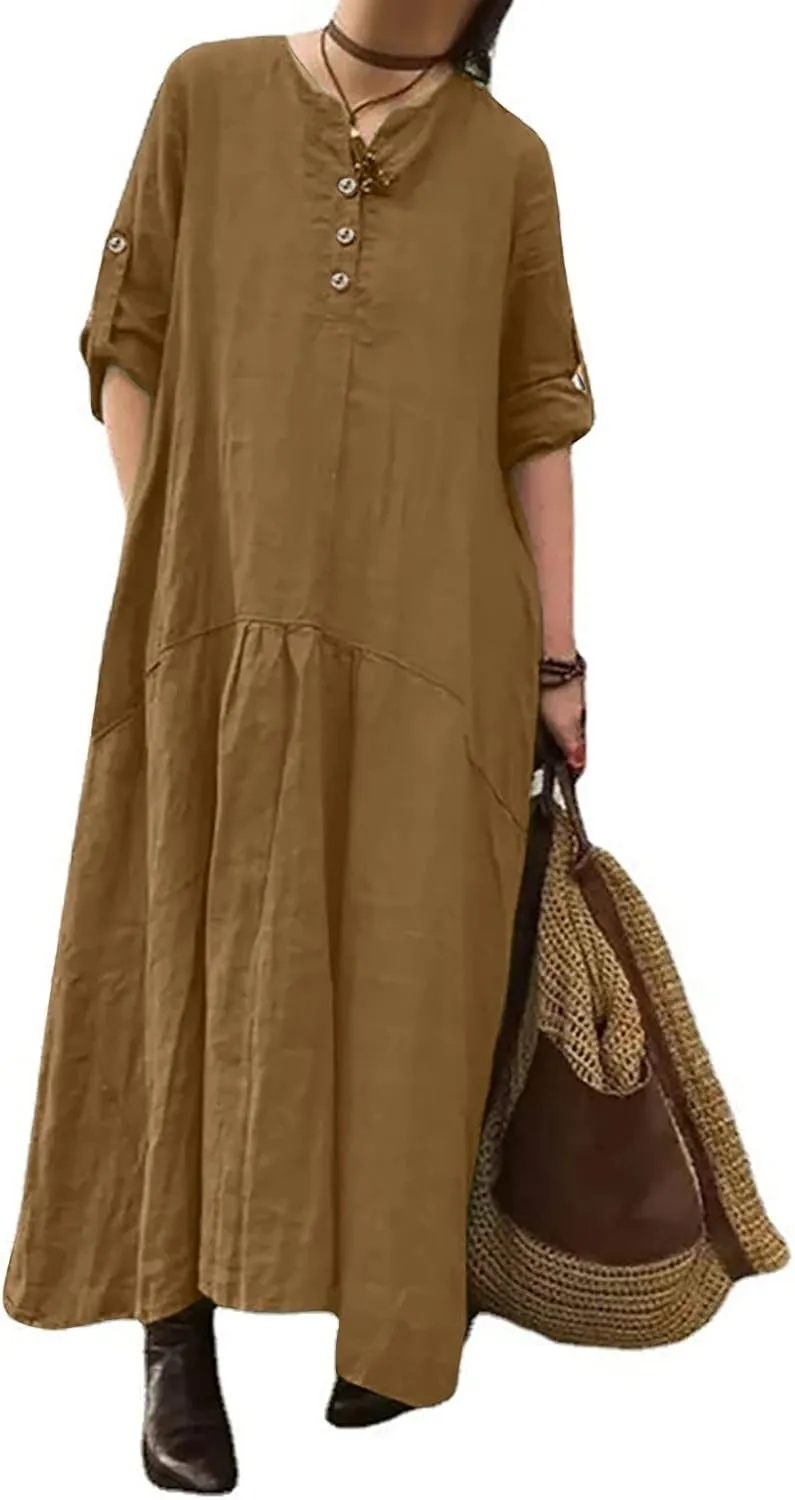 T Shirt Dresses for Women 2025 Summer V Neck Cotton Linen Dress Beach Half Sleeve Sundress Boho Maxi Dress