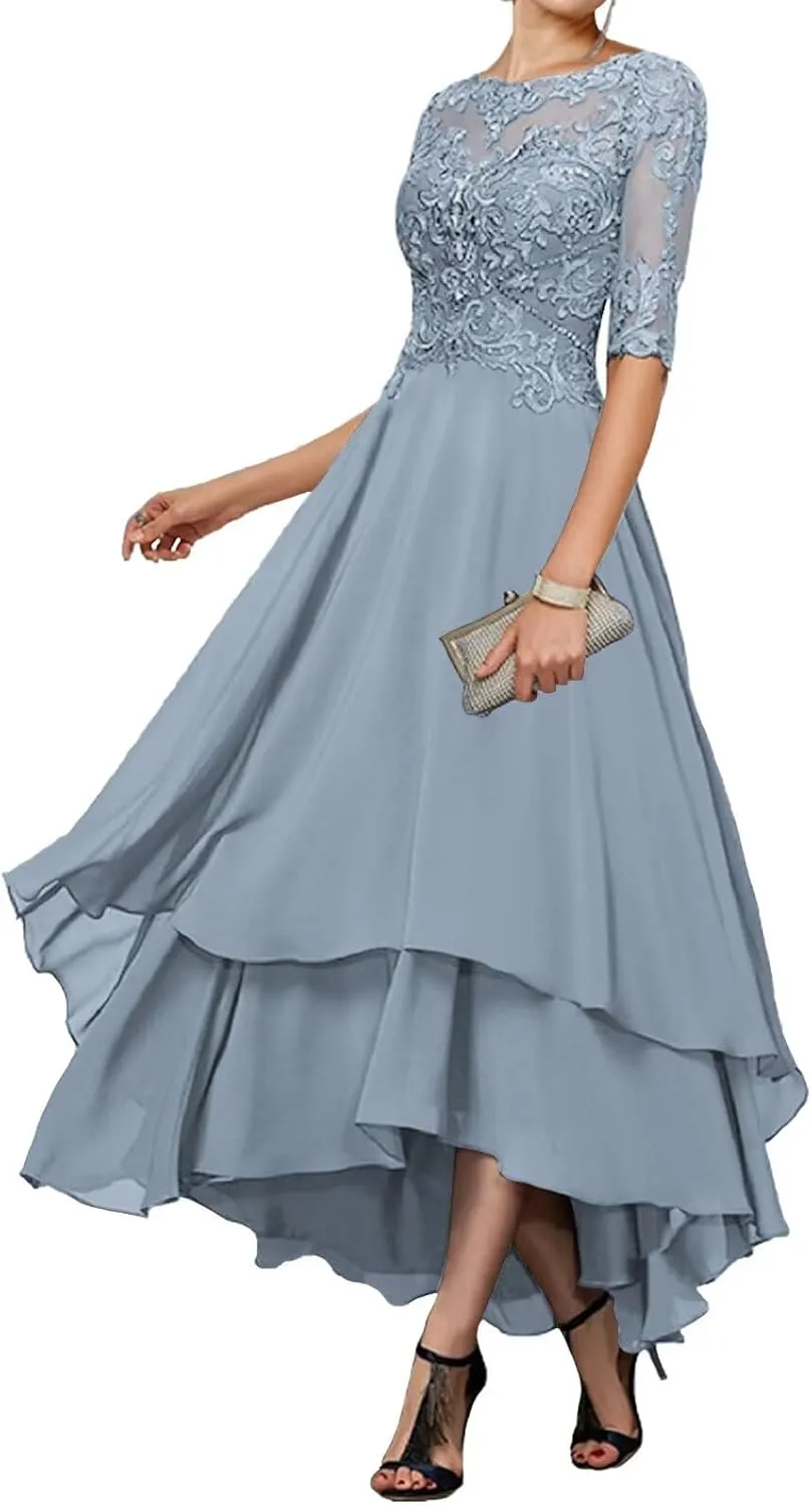 Tea Length Mother of The Bride Dresses for Wedding 1/2 Sleeves Ruffle Sparkly Lace Formal Dress for Women 2024
