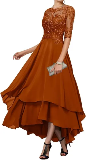 Tea Length Mother of The Bride Dresses for Wedding 1/2 Sleeves Ruffle Sparkly Lace Formal Dress for Women 2024
