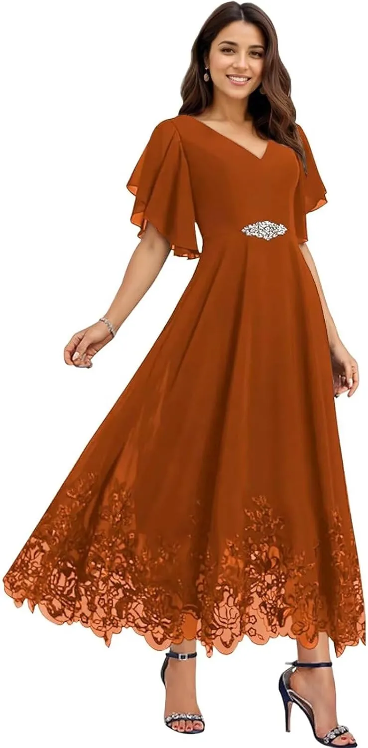Tea Length Mother of The Bride Dresses for Wedding Chiffon Lace Formal Dresses for Women 2025 Elegant