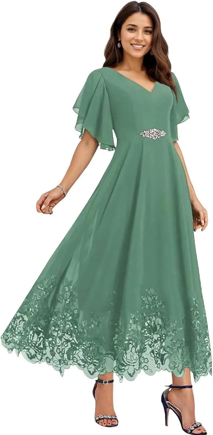 Tea Length Mother of The Bride Dresses for Wedding Chiffon Lace Formal Dresses for Women 2025 Elegant