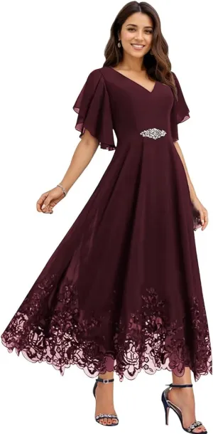 Tea Length Mother of The Bride Dresses for Wedding Chiffon Lace Formal Dresses for Women 2025 Elegant