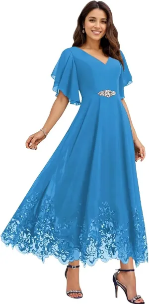 Tea Length Mother of The Bride Dresses for Wedding Chiffon Lace Formal Dresses for Women 2025 Elegant
