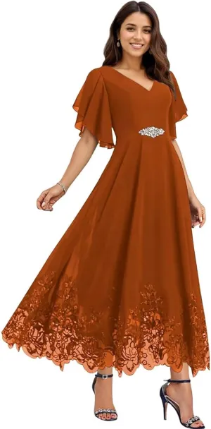 Tea Length Mother of The Bride Dresses for Wedding Chiffon Lace Formal Dresses for Women 2025 Elegant
