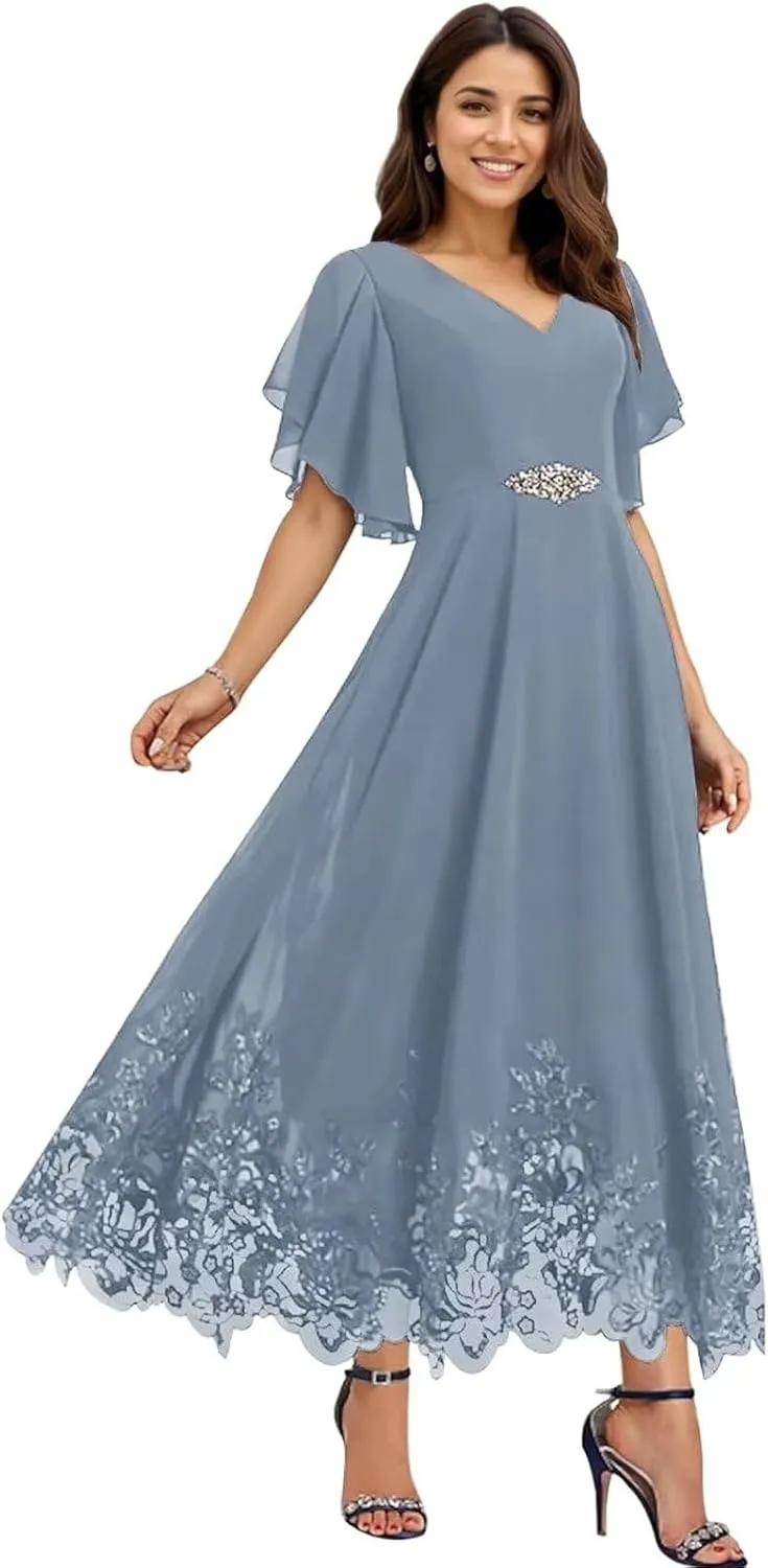 Tea Length Mother of The Bride Dresses for Wedding Chiffon Lace Formal Dresses for Women 2025 Elegant