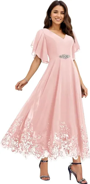 Tea Length Mother of The Bride Dresses for Wedding Chiffon Lace Formal Dresses for Women 2025 Elegant