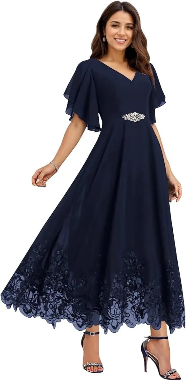 Tea Length Mother of The Bride Dresses for Wedding Chiffon Lace Formal Dresses for Women 2025 Elegant