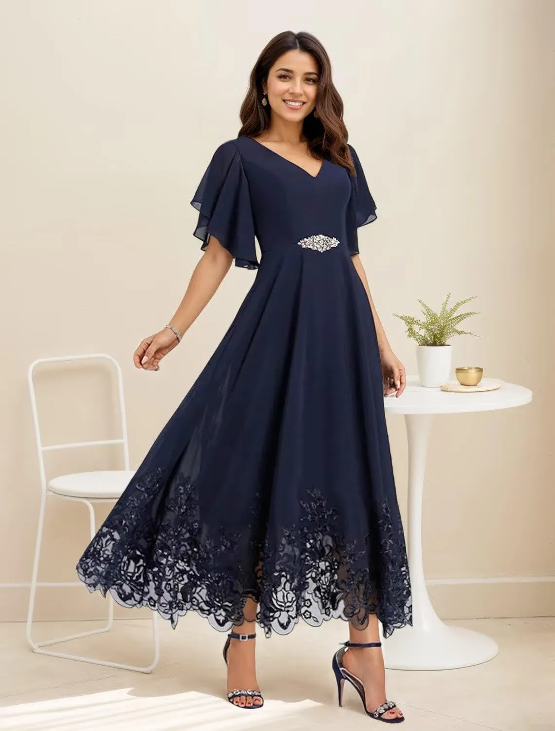 Tea Length Mother of The Bride Dresses for Wedding Chiffon Lace Formal Dresses for Women 2025 Elegant