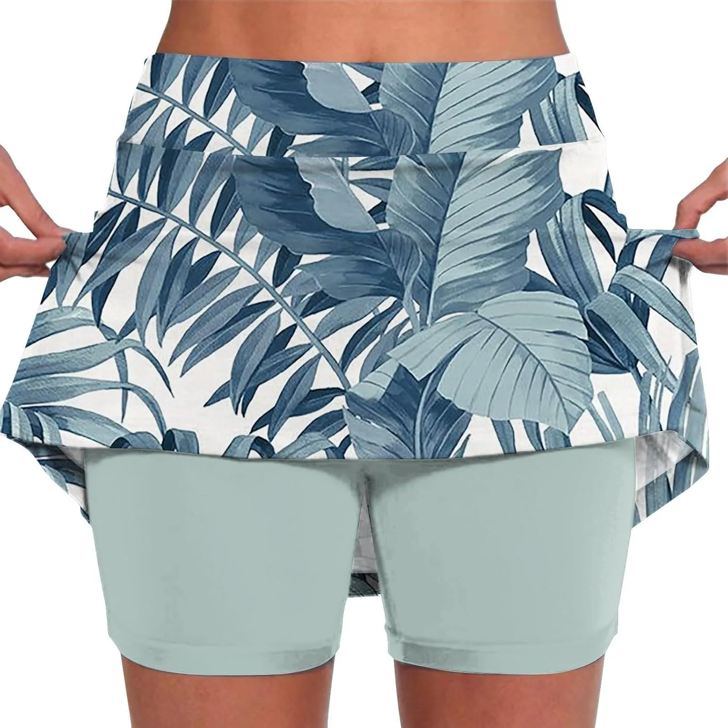 Tennis Skorts for Women Summer Elastic High Waisted Floral Printed Gym Shorts Comfort Baggy Mini Skirts with Pockets