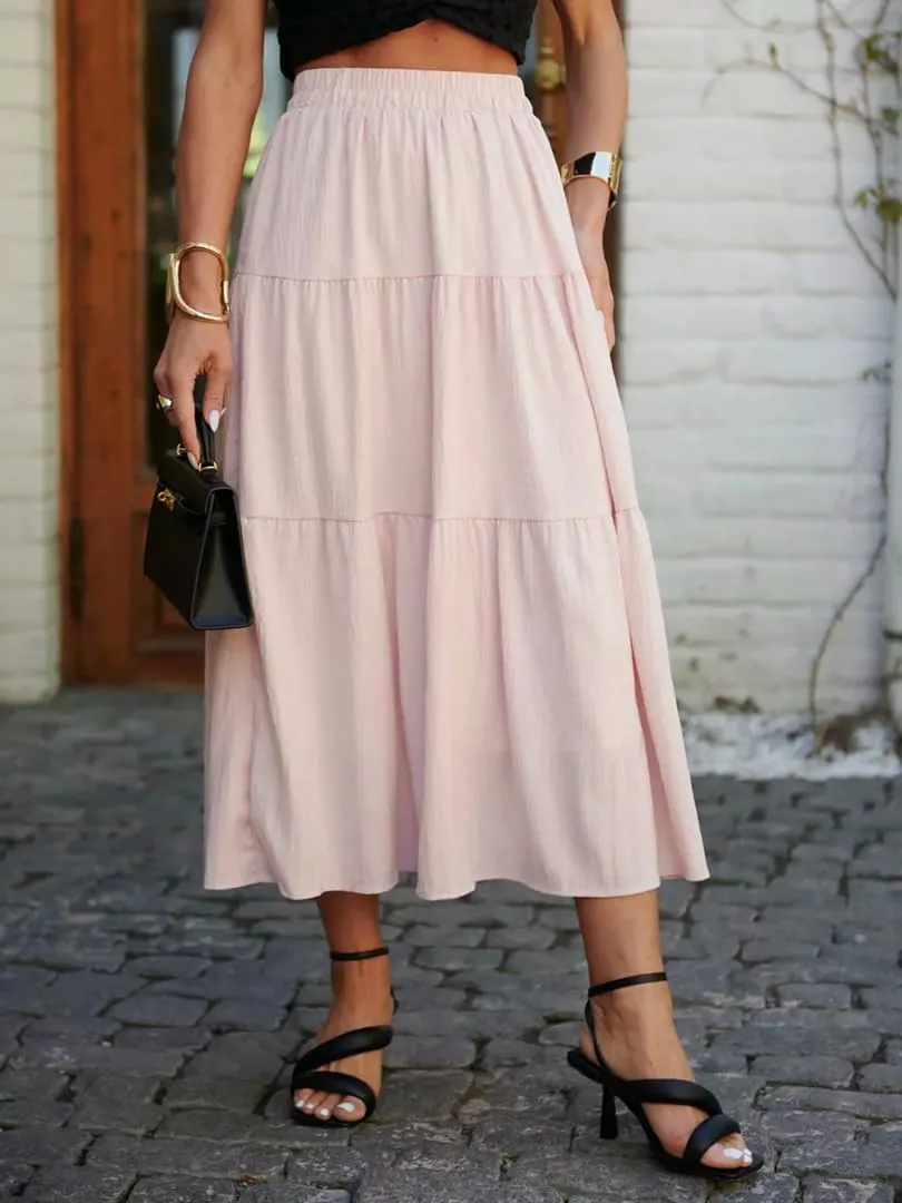 THLAI Womens Midi Solid Tiered Skirt Elegant Summer Pleated Daily Skirt