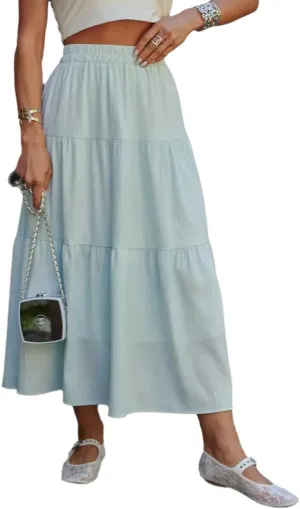 THLAI Womens Midi Solid Tiered Skirt Elegant Summer Pleated Daily Skirt