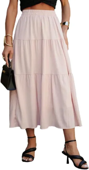 THLAI Womens Midi Solid Tiered Skirt Elegant Summer Pleated Daily Skirt