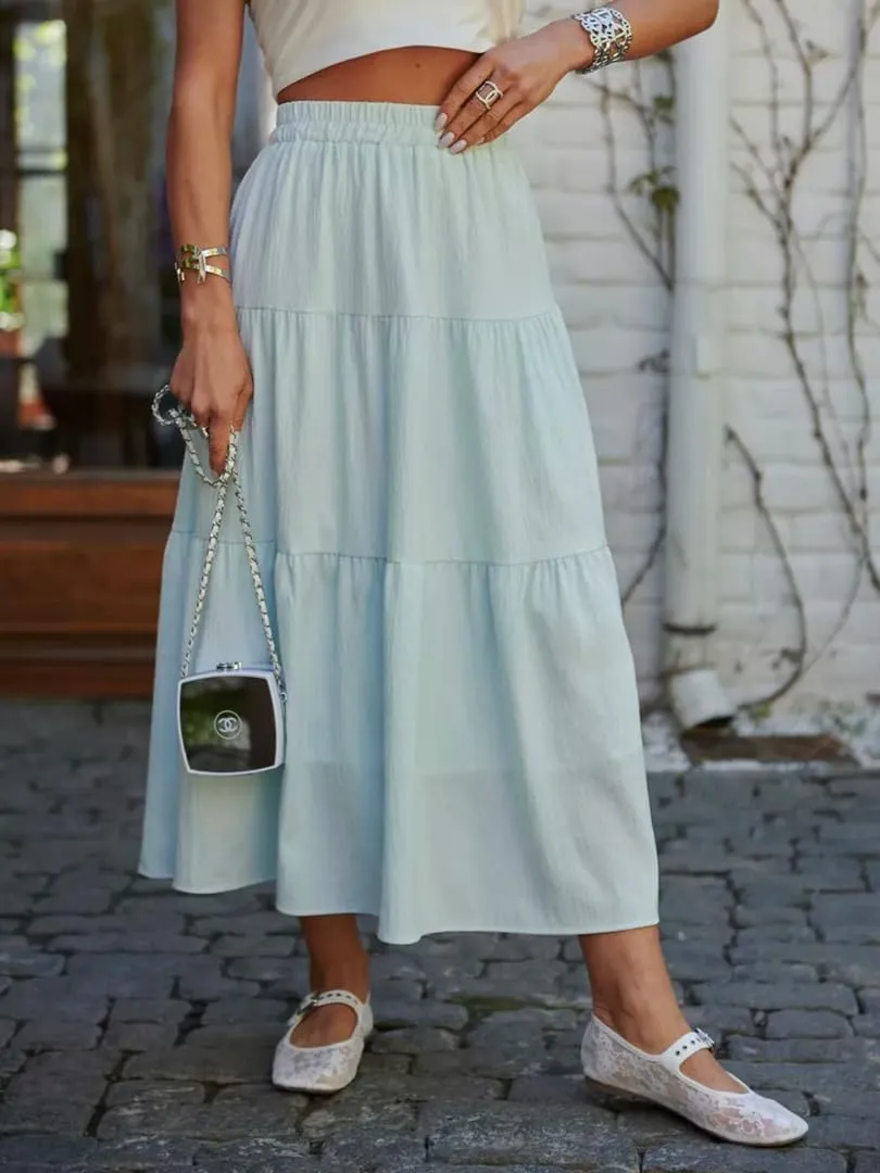 THLAI Womens Midi Solid Tiered Skirt Elegant Summer Pleated Daily Skirt