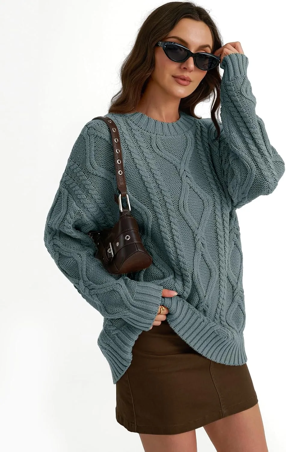 Trendy Queen Women's Oversized Cable Knit Crewneck Sweaters