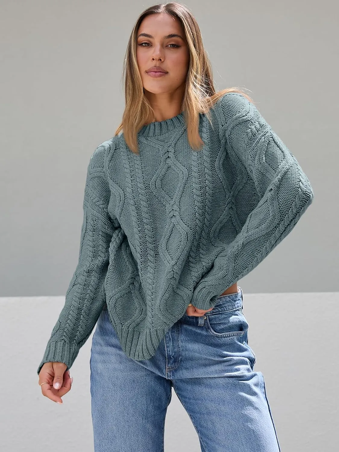 Trendy Queen Women's Oversized Cable Knit Crewneck Sweaters