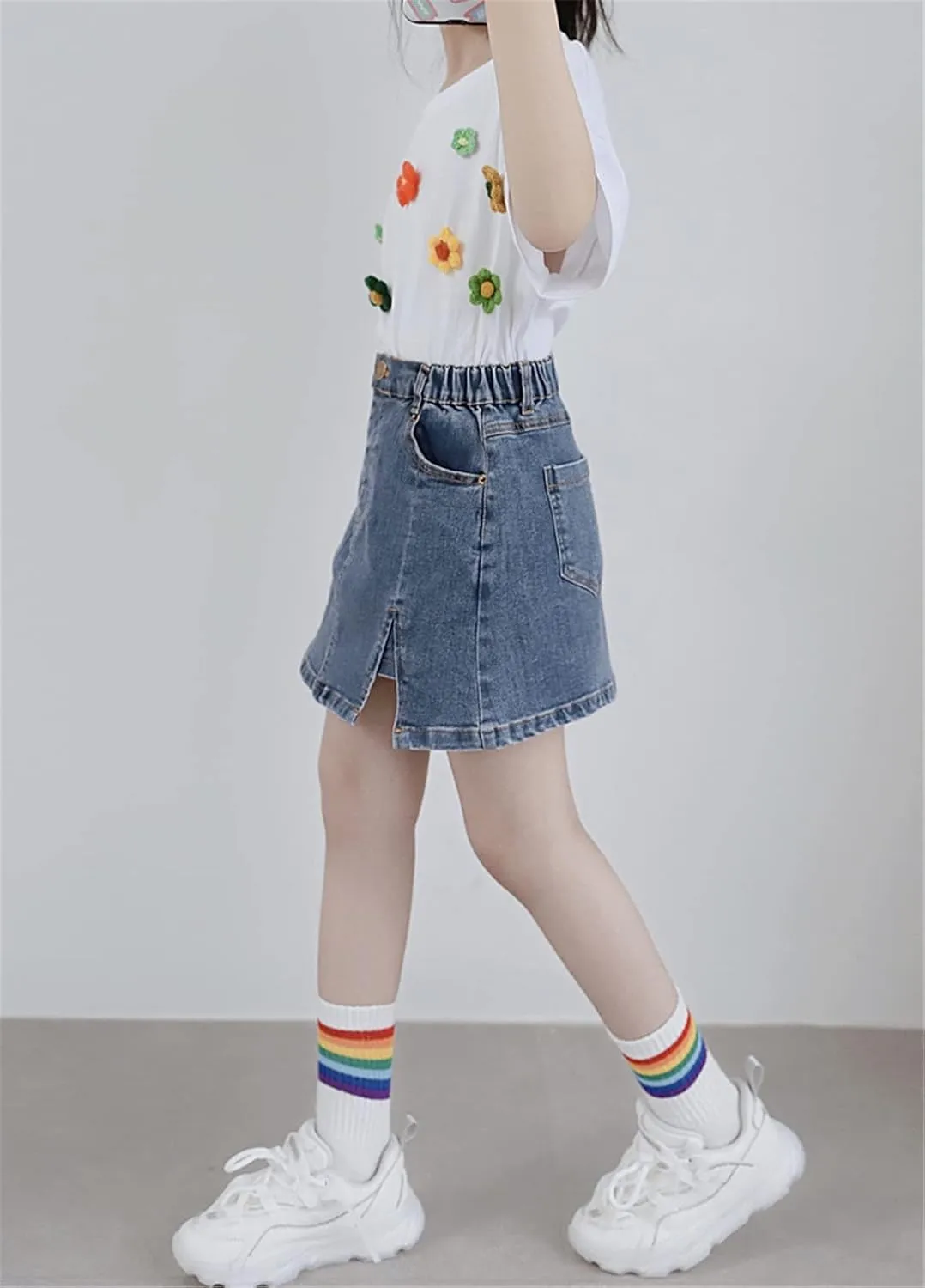 Umeyda Girls Skirts Casual Stretch Waist Denim Skirts A-line Ruffle Short Mini Jean for Kid