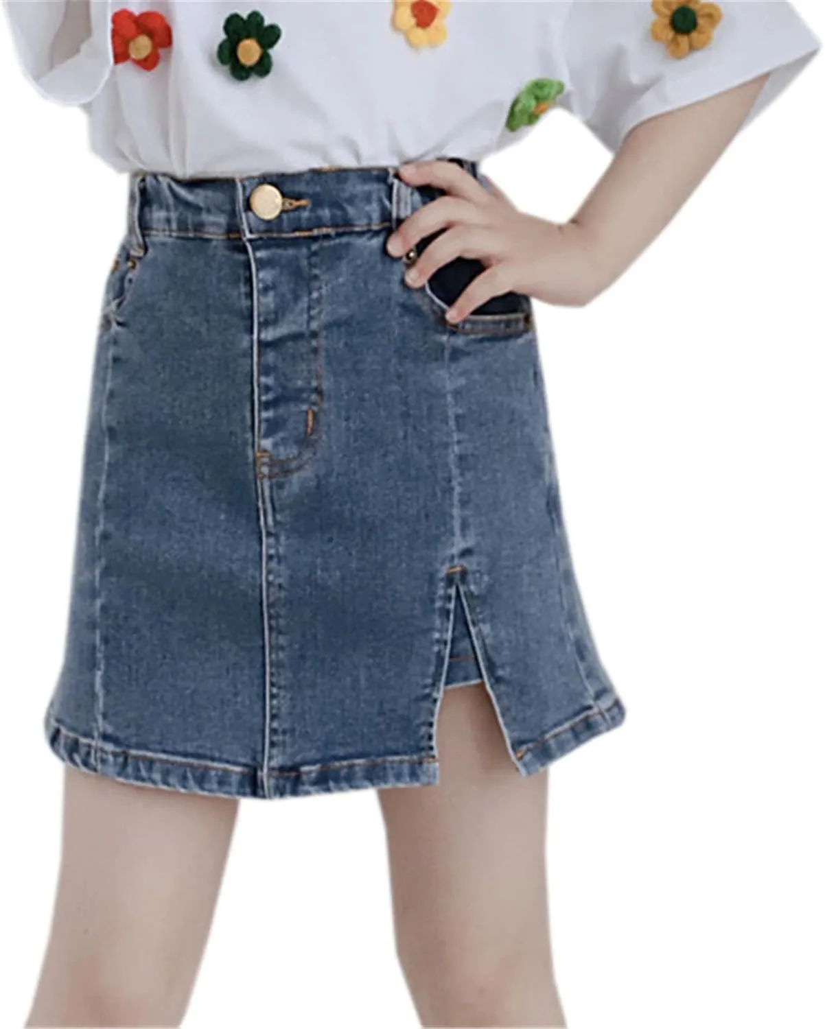 Umeyda Girls Skirts Casual Stretch Waist Denim Skirts A-line Ruffle Short Mini Jean for Kid