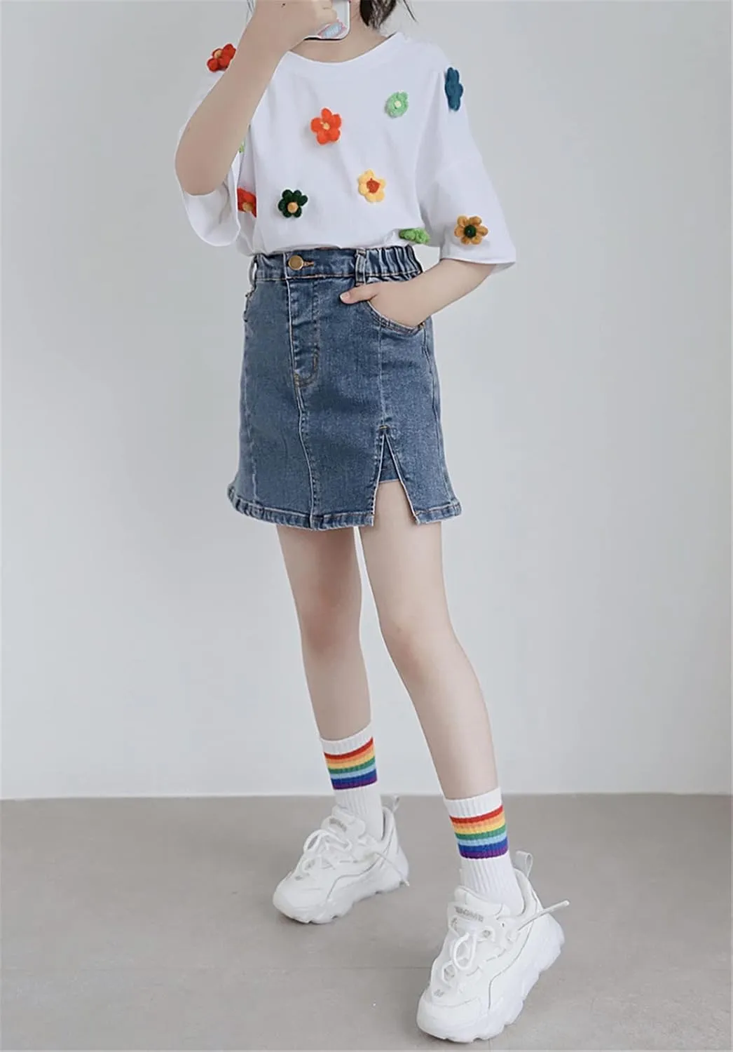 Umeyda Girls Skirts Casual Stretch Waist Denim Skirts A-line Ruffle Short Mini Jean for Kid