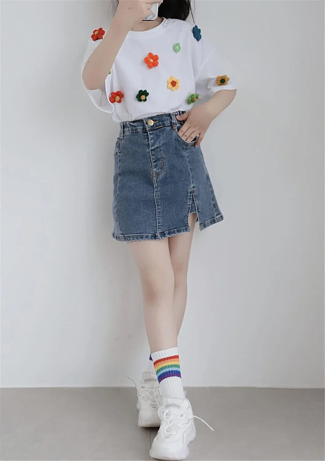 Umeyda Girls Skirts Casual Stretch Waist Denim Skirts A-line Ruffle Short Mini Jean for Kid