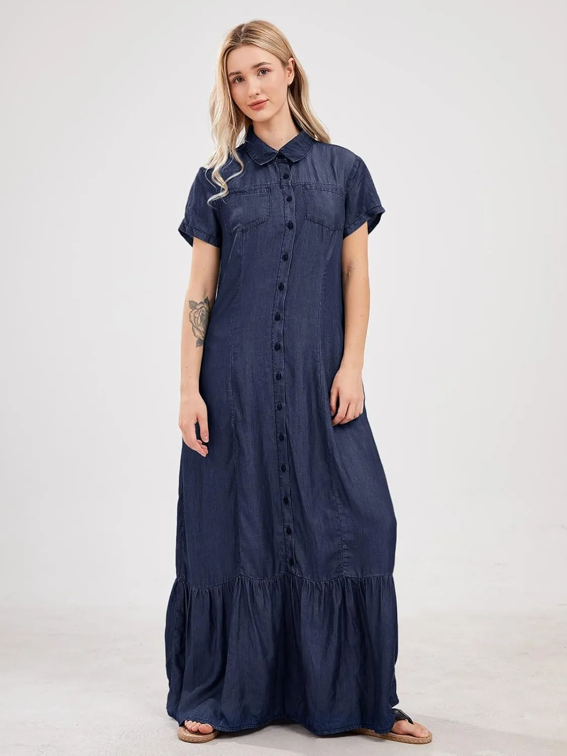 utcoco Womens Short Sleeve Denim Maxi Dress Casual Loose Fit Button Down Long Jean Dresses