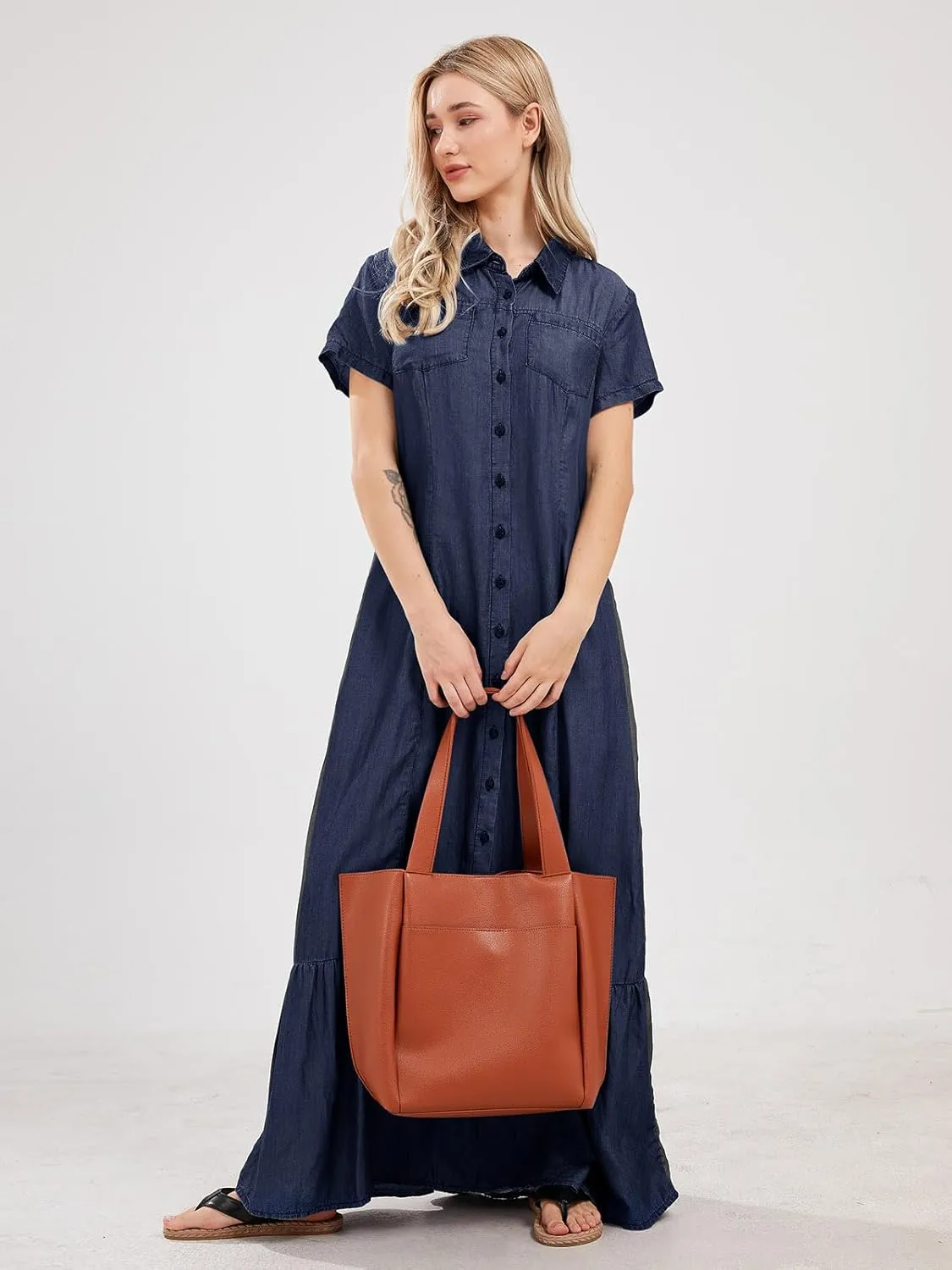 utcoco Womens Short Sleeve Denim Maxi Dress Casual Loose Fit Button Down Long Jean Dresses