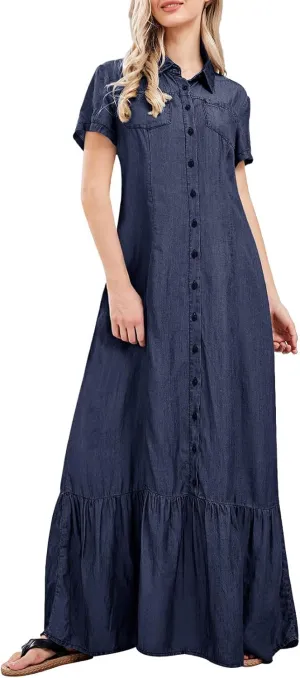 utcoco Womens Short Sleeve Denim Maxi Dress Casual Loose Fit Button Down Long Jean Dresses