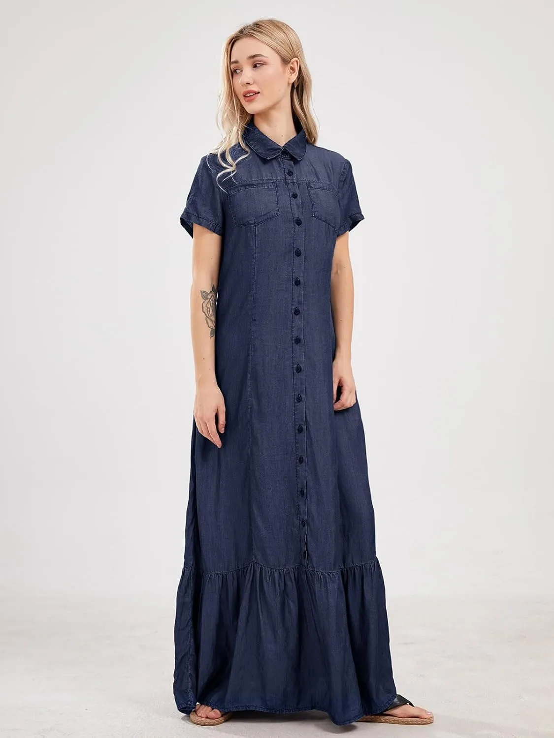 utcoco Womens Short Sleeve Denim Maxi Dress Casual Loose Fit Button Down Long Jean Dresses