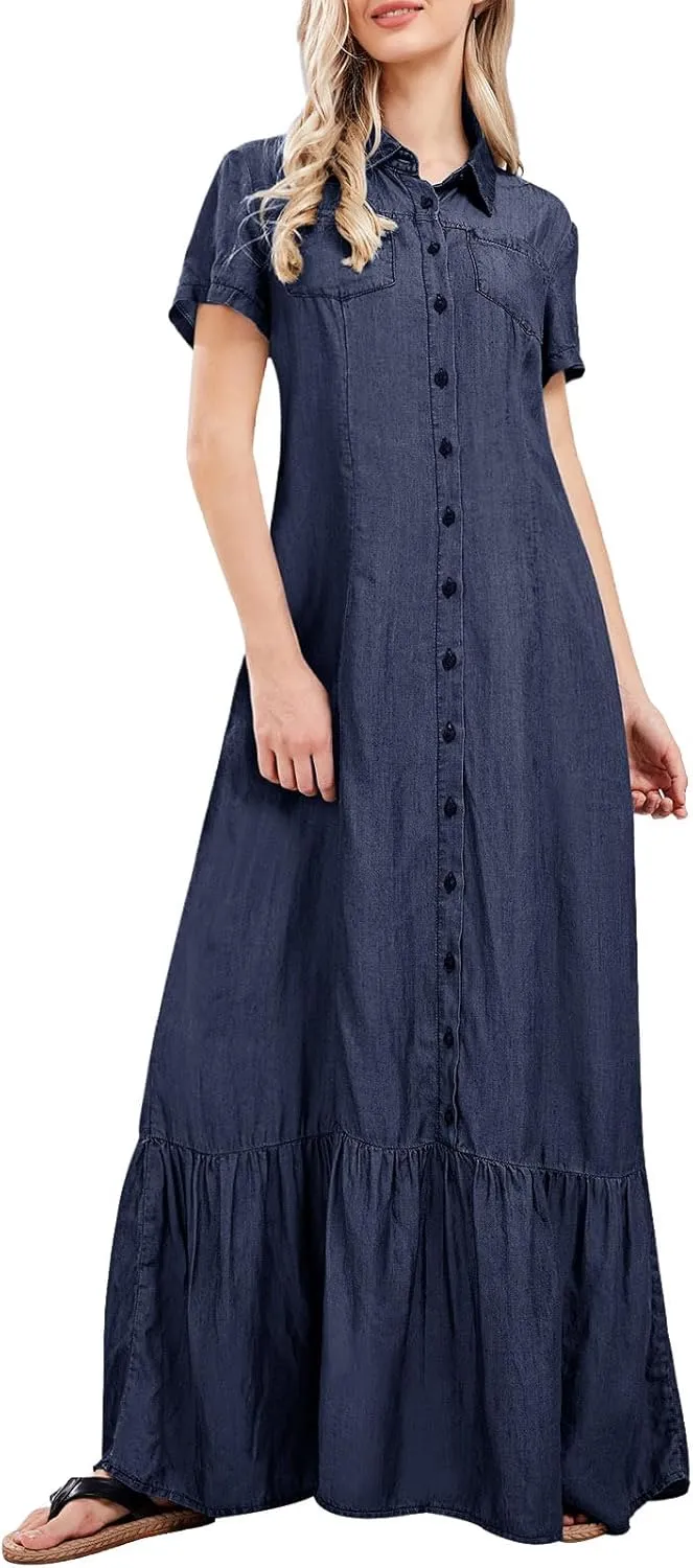 utcoco Womens Short Sleeve Denim Maxi Dress Casual Loose Fit Button Down Long Jean Dresses