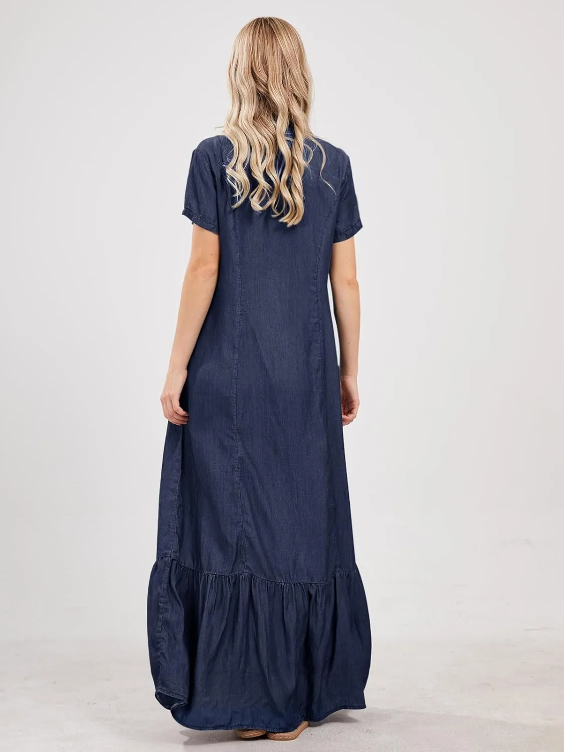 utcoco Womens Short Sleeve Denim Maxi Dress Casual Loose Fit Button Down Long Jean Dresses