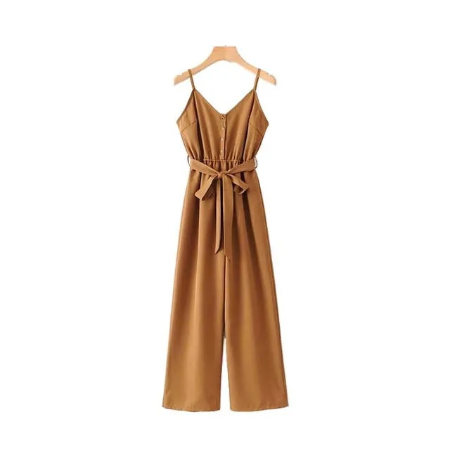 Vadim women V neck jumpsuits elastic waist sashes sleeveless adjustable straps vintage overalls female chic playsuits KA705