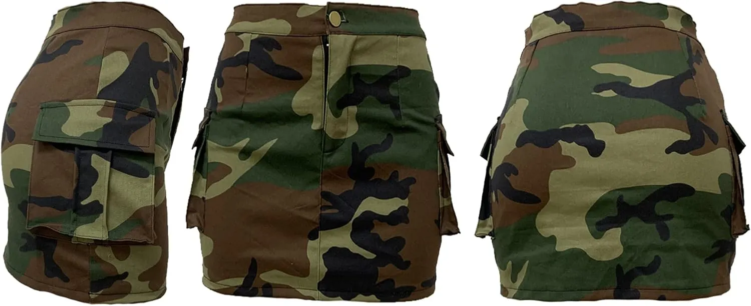 Vakkest Women's Camo Cargo Midi Skirt Elegant High Waist Vintage Dress Slit Front Ruffle Long Bodycon Maxi Skirts
