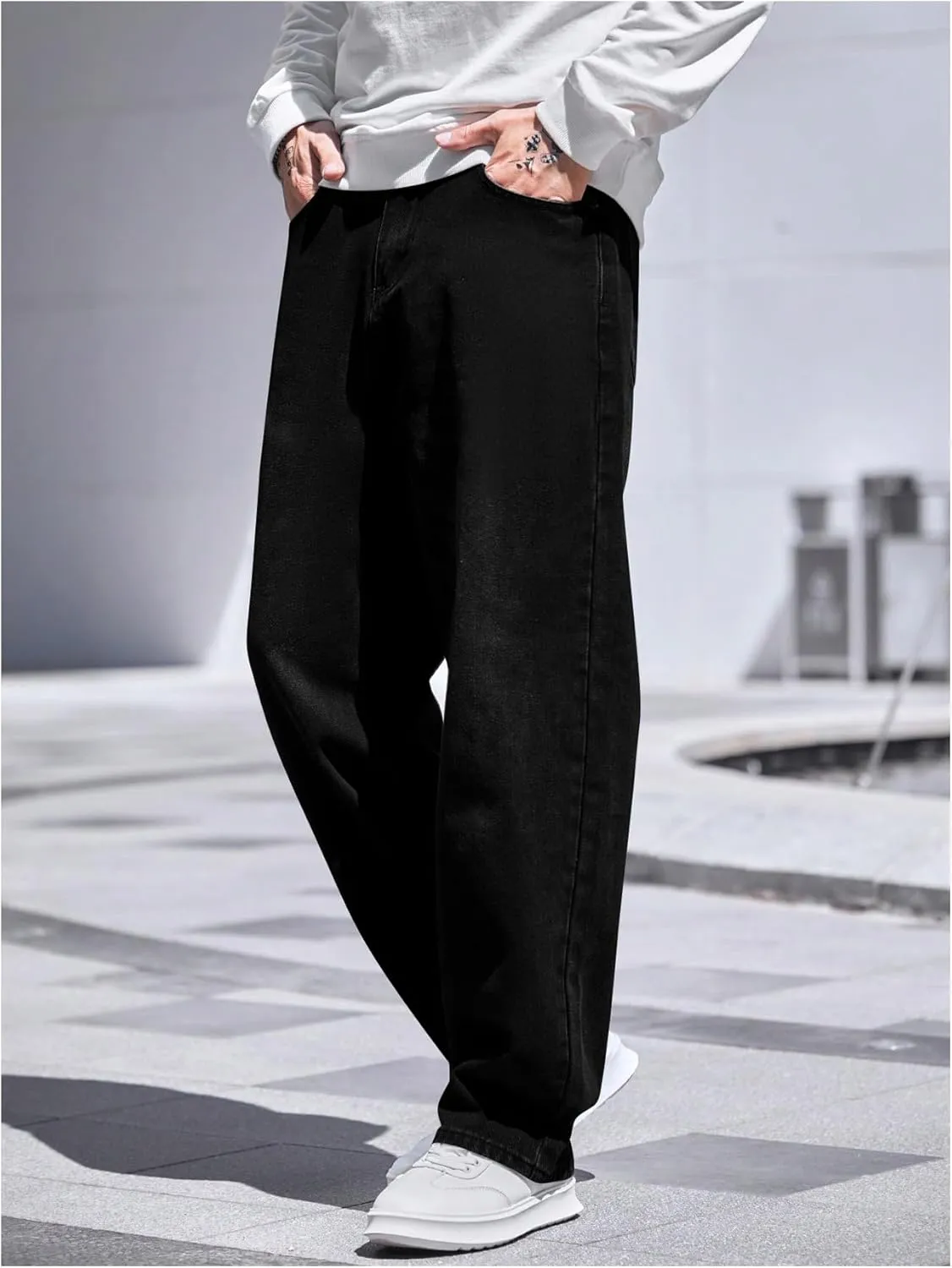 Verdusa Men's High Waist Loose Jeans Baggy Straight Leg Denim Pants Trousers