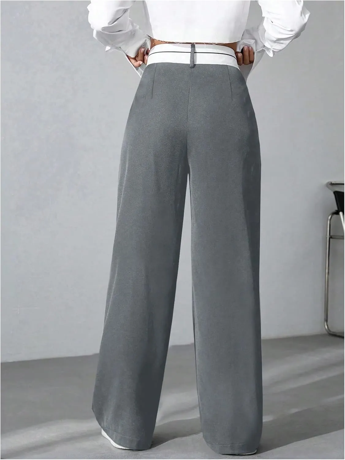Verdusa Women's Color Block Asymmetrical High Waist Button Trousers Straight Leg Long Pants